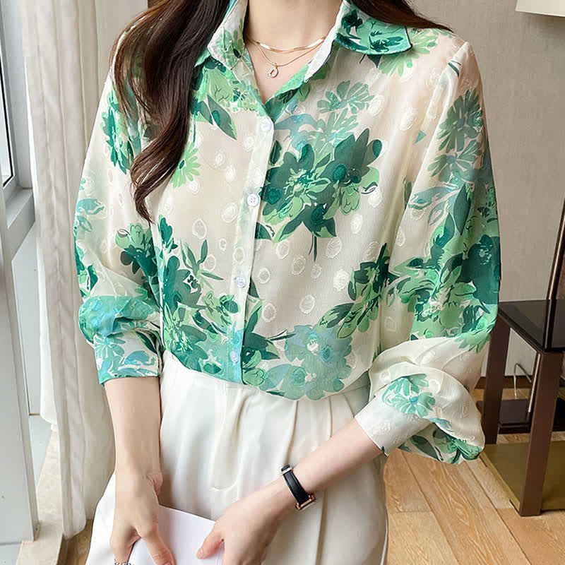 Green Floral Print Puff Sleeve Chiffon Shirt modakawa