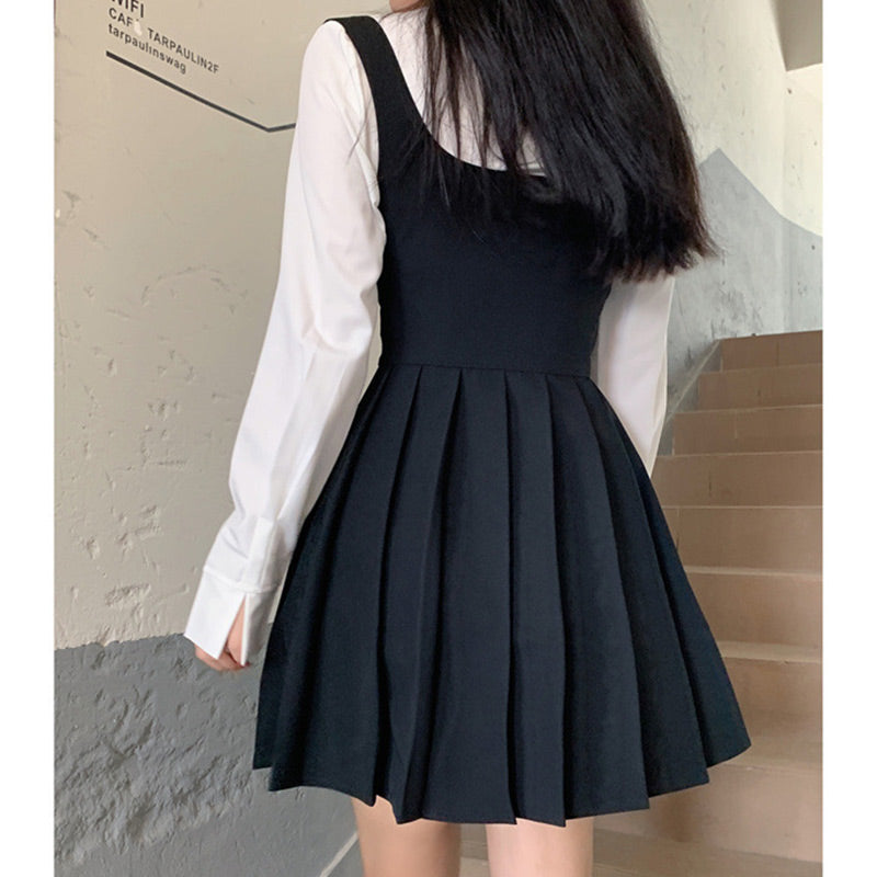 White Shirt Pleated Suspender Skirts Tie Set Modakawa