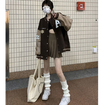 Brown Letter Baseball Jacket Pleated Skirt Set modakawa