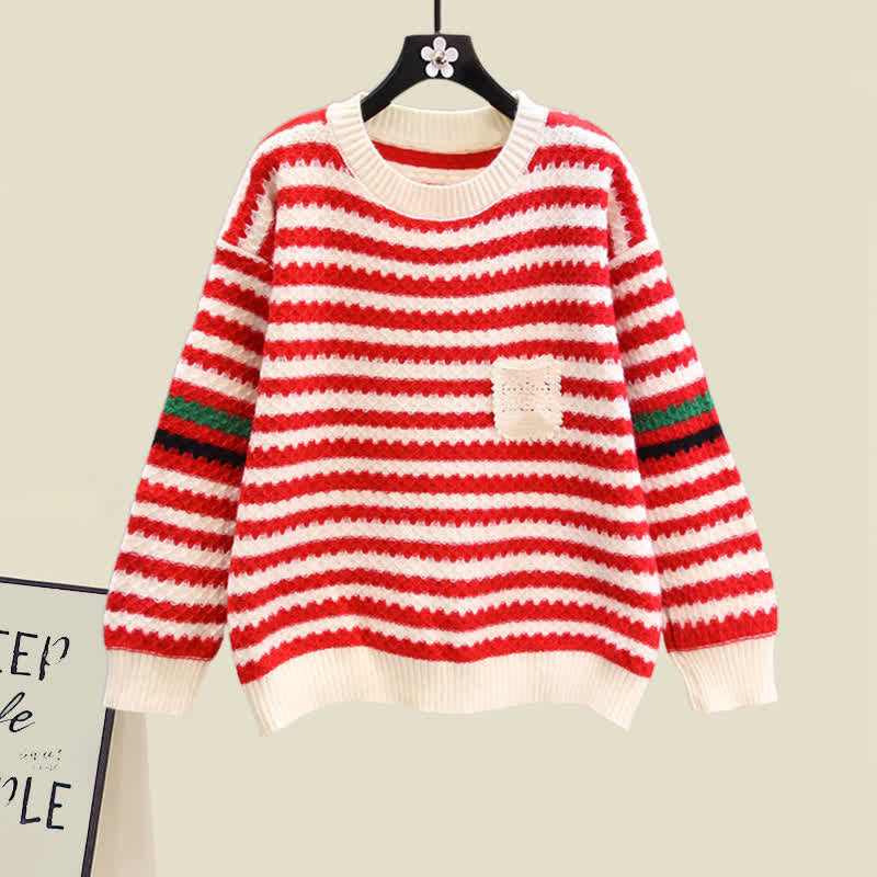 Stripe Colorblock Knit Sweater Slip Dress Set modakawa