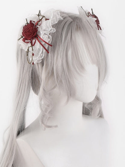 White Lace Red Rosette Bowknot Hairclips mySite