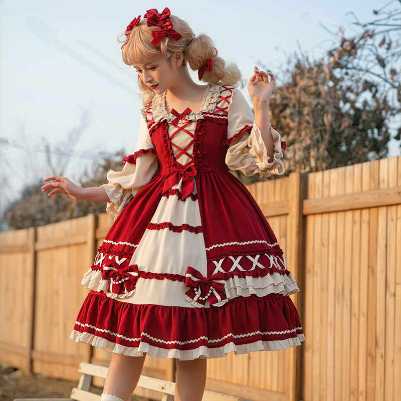 Red Bow Knot Decor Lace Up Lolita Dress modakawa