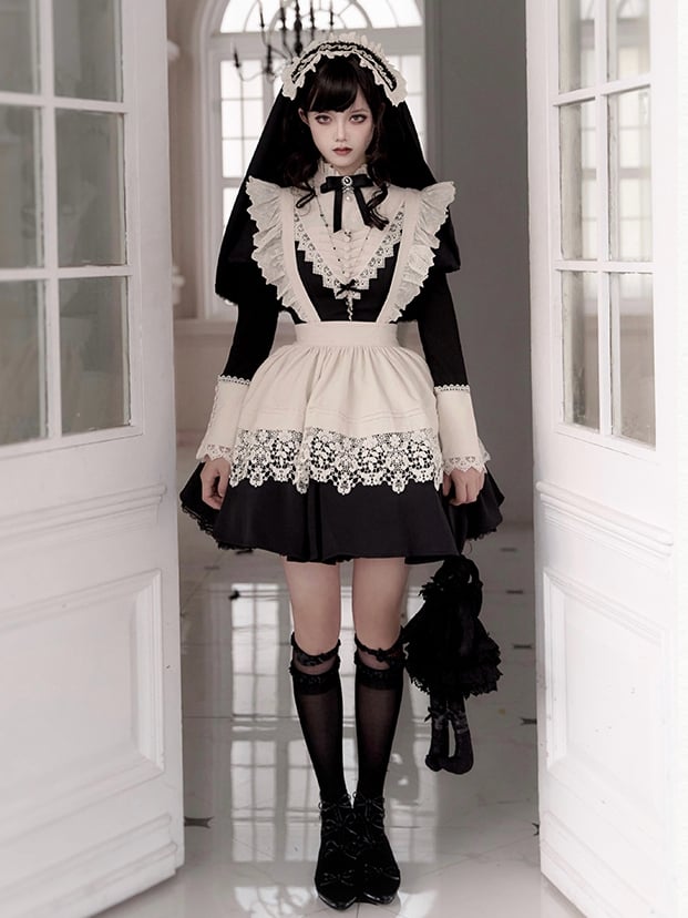 Black Beige Ruffle Banded Collar Lolita Short Dress mySite