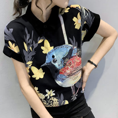 Bird Floral Print Chiffon T-Shirt Casual Shorts modakawa