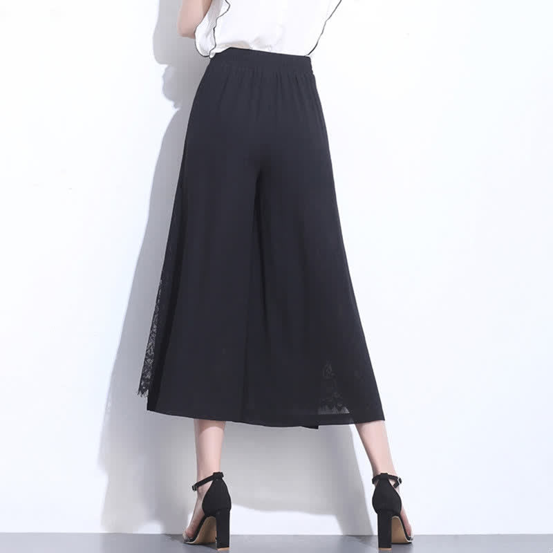 Elegant Black Lace Stitching Wide Leg Pants modakawa