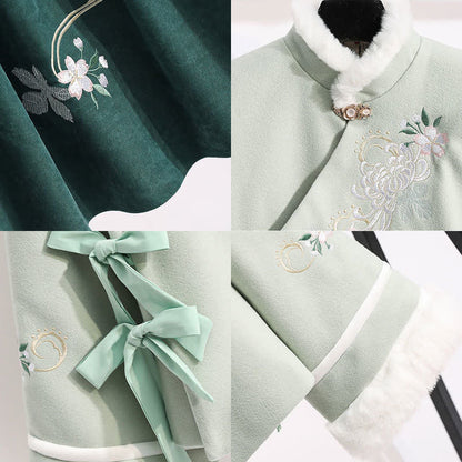 Green Floral Bow Knot Coat Pleated Skirt Vintage Set Modakawa