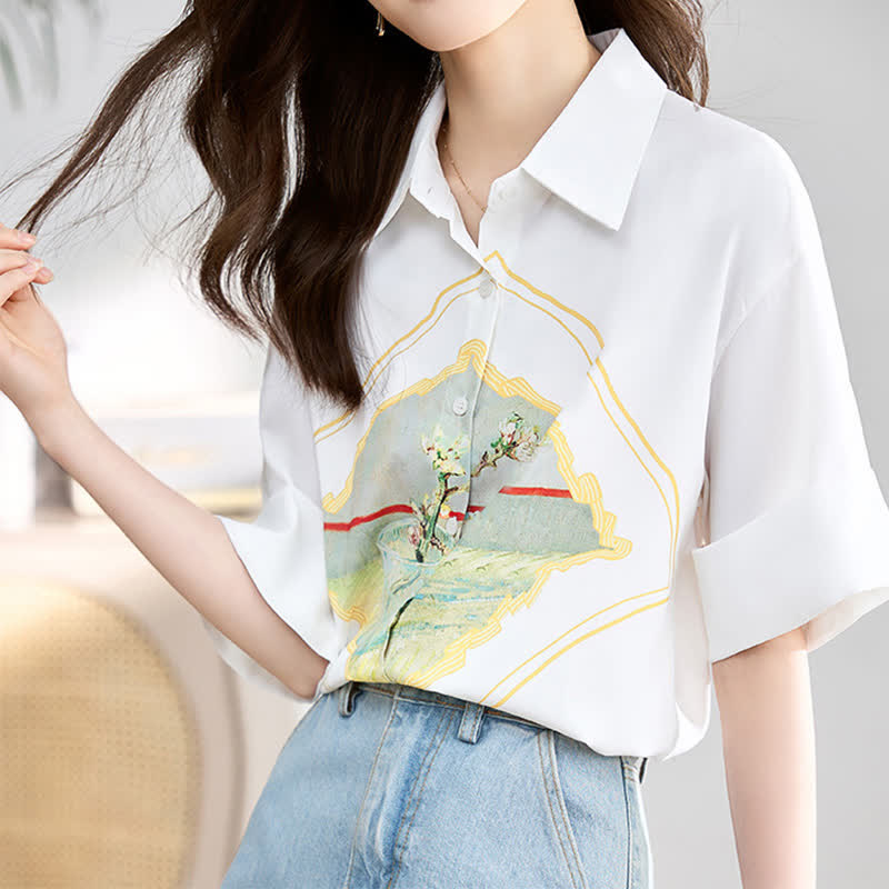 Painting Print Short Sleeve Chiffon Lapel Shirt modakawa