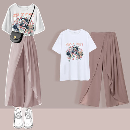 Printed T-Shirt Chiffon Pleated Split Pants Set modakawa