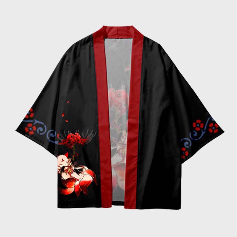 Vintage Fox Equinox Flower Black Kimono Outerwear modakawa