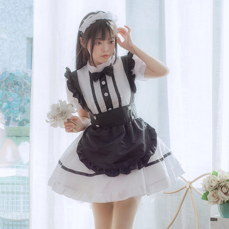 Kawaii Cosplay Lolita Maid Costume Dress Ruffle White Black Modakawa