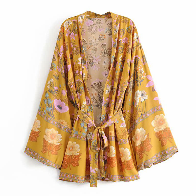 Boho Blossom Print Belt Cardigan Outerwear modakawa