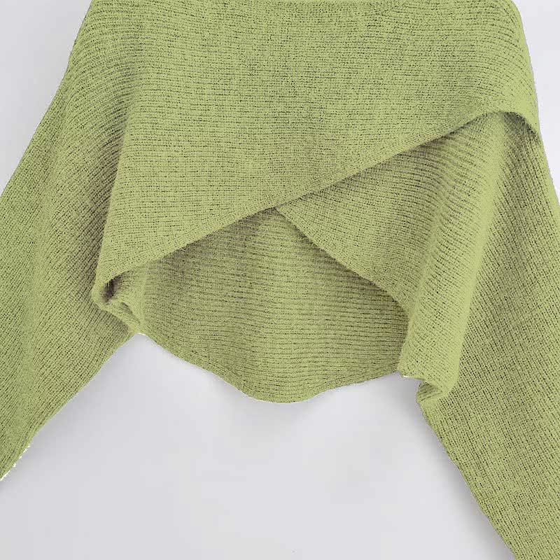 Green Cross Knit Crop Sweater A-line Slip Dress modakawa