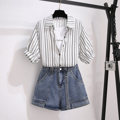 Fake Two Pieces Stripe Lapel T-Shirt Pocketed Denim Shorts modakawa