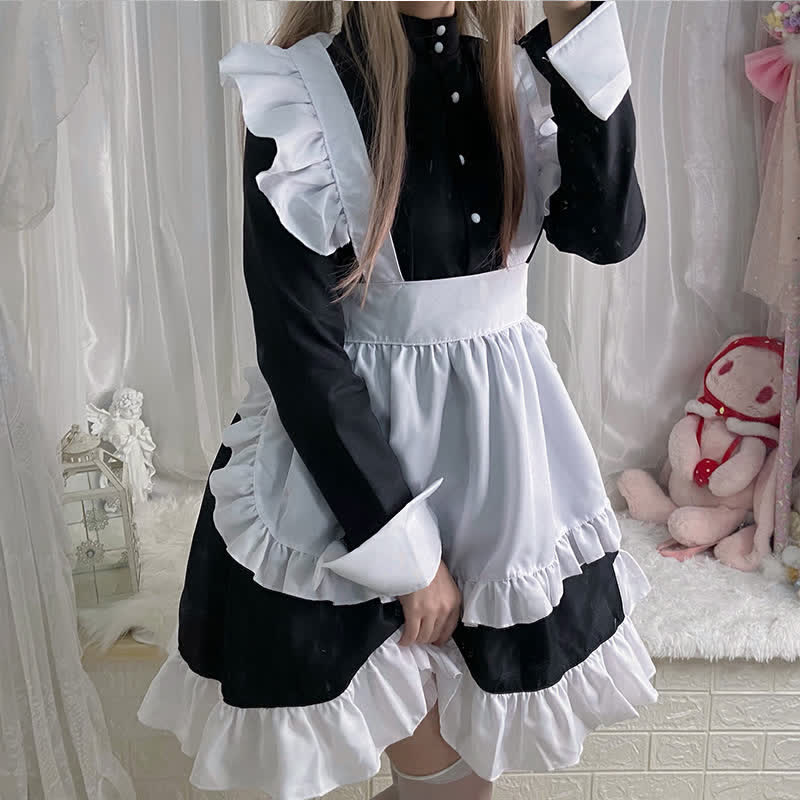 Black Button Long Sleeve Ruffled Lolita Maid Dress Modakawa