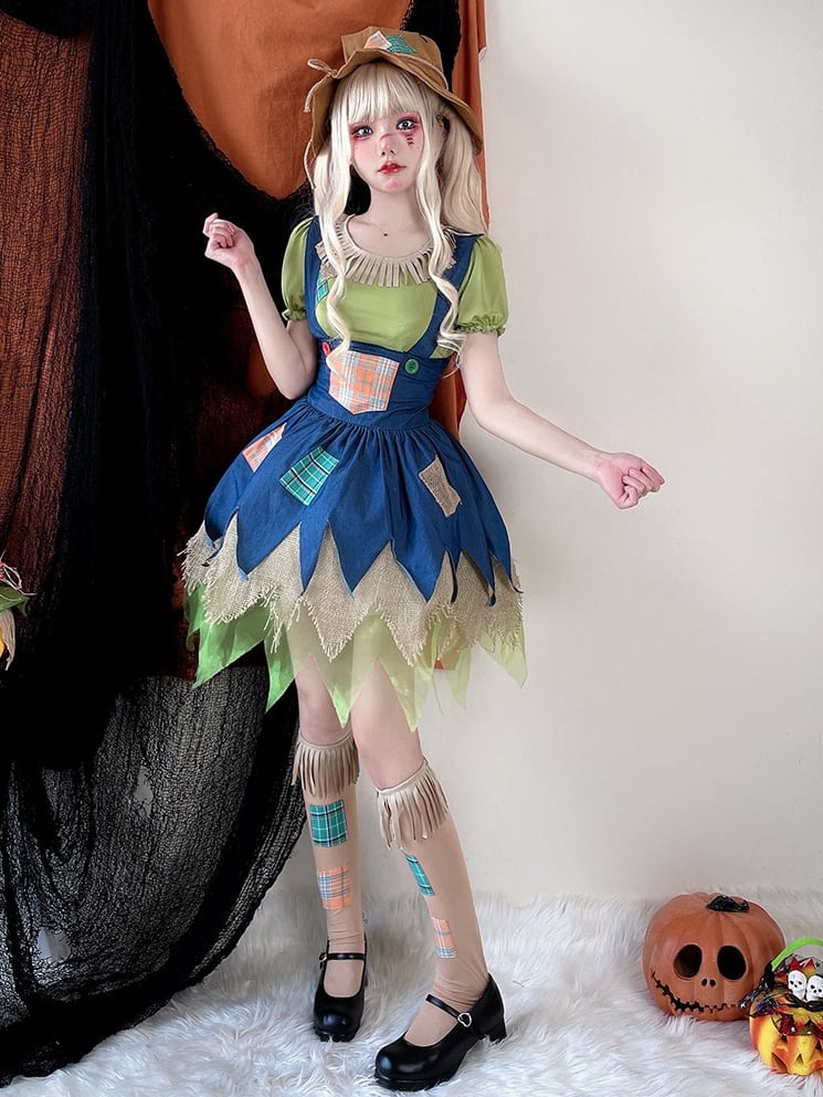 Halloween Green Blouse and Blue Dress Scarecrow Costume mySite