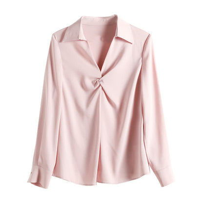 Elegant Pure Color Ruffled Satin Shirt Workwear modakawa