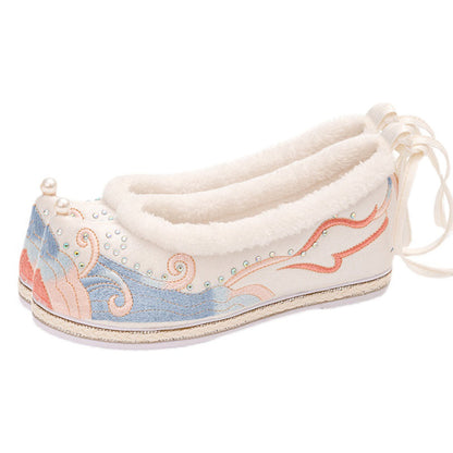 Kawaii Embroidery Wave Pearl Fuzzy Trim Flats Shoes Modakawa