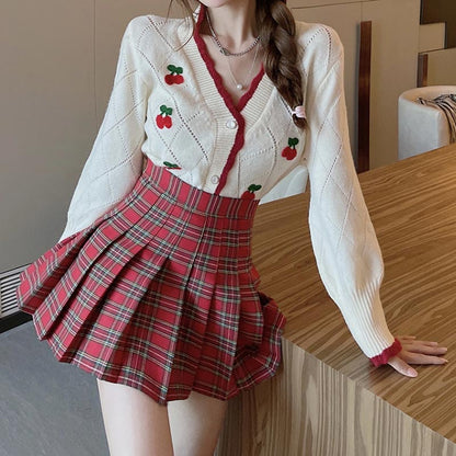 Cherry Embroidery Sweater Plaid Skirt Set Modakawa