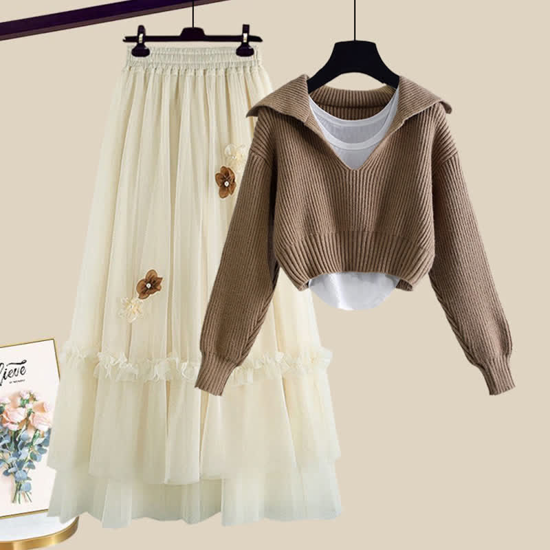 Knit Sweater Cami Top Blossom Tulle Skirt modakawa