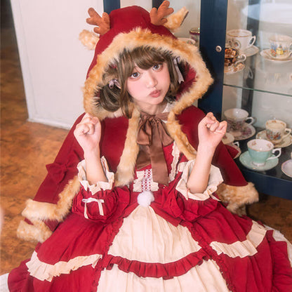 Cartoon Antler Plush Hooded Cloak Lolita Coat modakawa