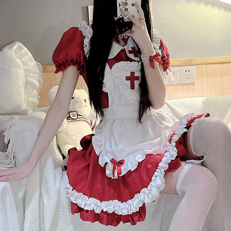 Kawaii Cross Print Ruffled Maid Lolita Dress Set Modakawa