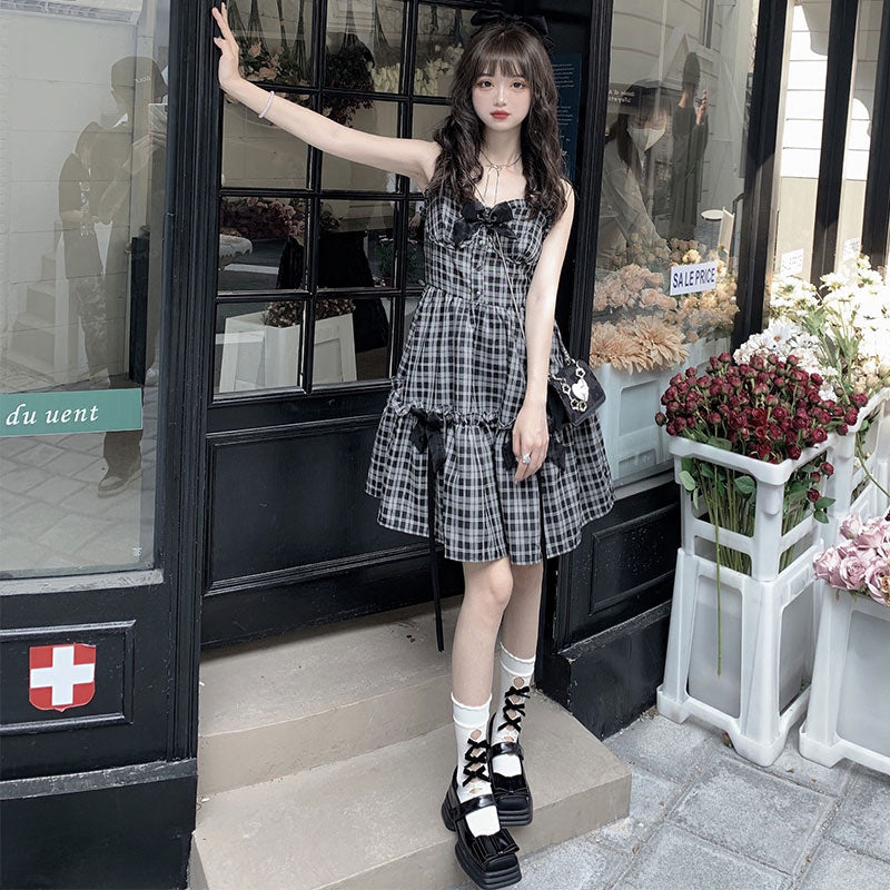 Sweet Lattice Print Bow Knot Slip Dress modakawa