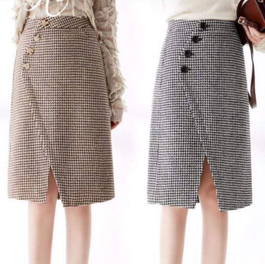 Chic Lattice Print Pocket Split Skirt Modakawa