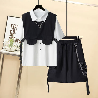 Gothic Buckle Pocket Vest Lapel T-Shirt Chain Cargo Shorts Pants modakawa