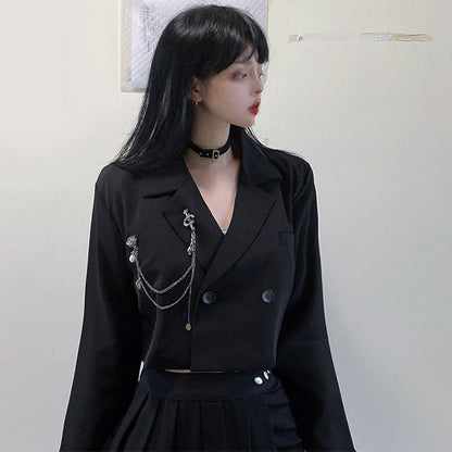 Black Gothic Chain Crop Blazer Hollow Buckle Pleated Skirt modakawa