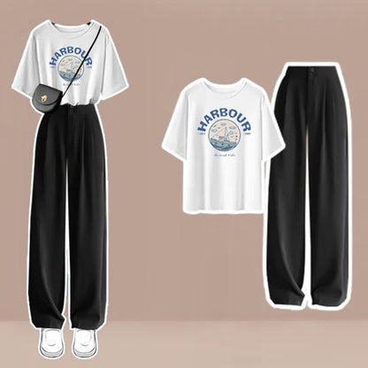 Cartoon Print T-Shirt High Waist Wide Leg Pants modakawa