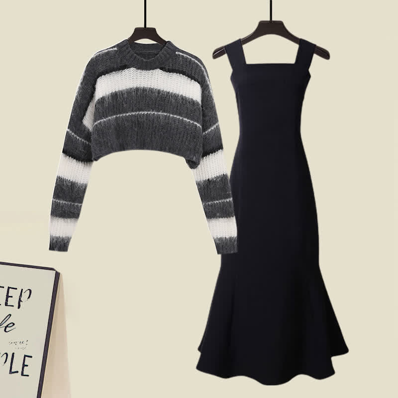 Chic Stripe Sweater Slip Dress Two Pieces modakawa