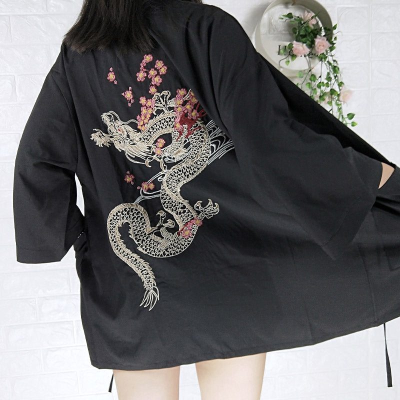 Black Dragon Chinese Embroidery Kimono Outerwear Sun Protective modakawa