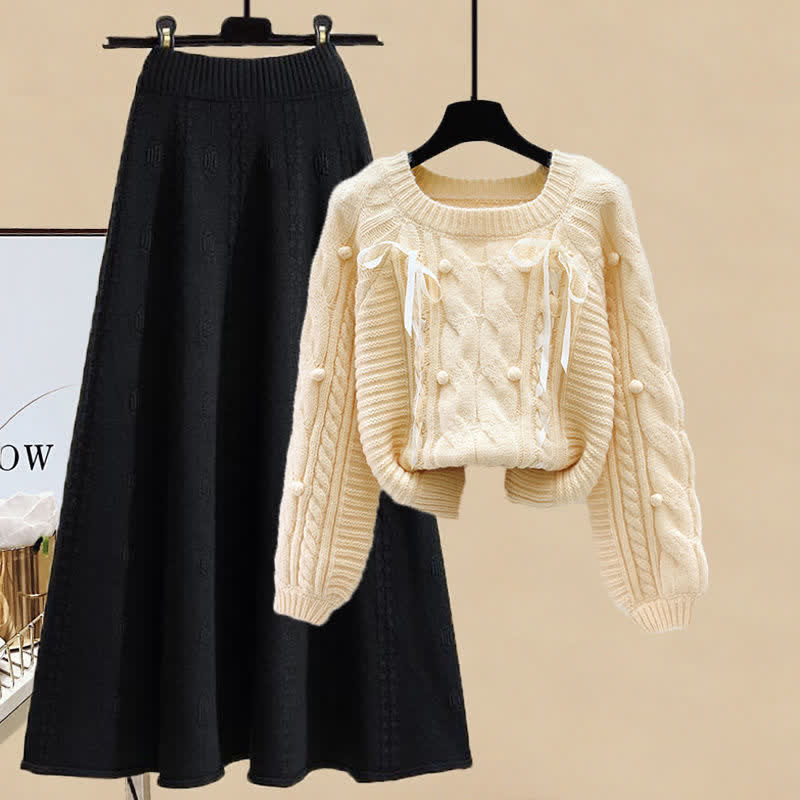 Pills Decor Cable Knit Sweater Skirt Set modakawa