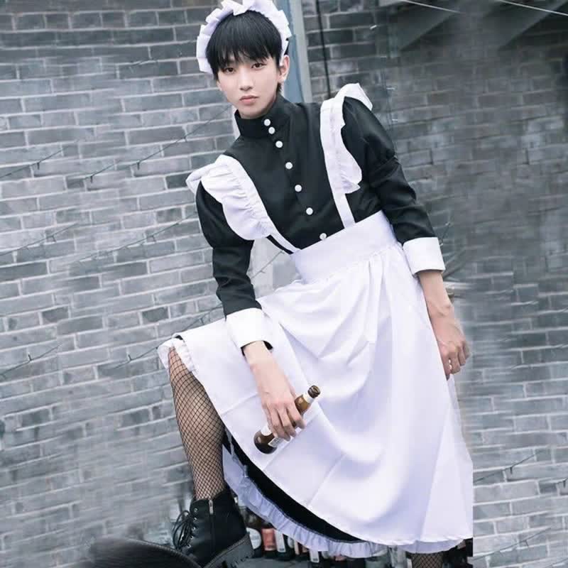 Black Neutral Button Ruffled Maid Dress Modakawa