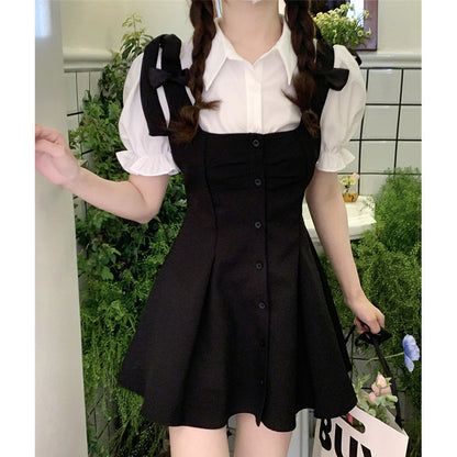 Kawaii Puff Sleeve T-Shirt Lace Up Dress Set modakawa