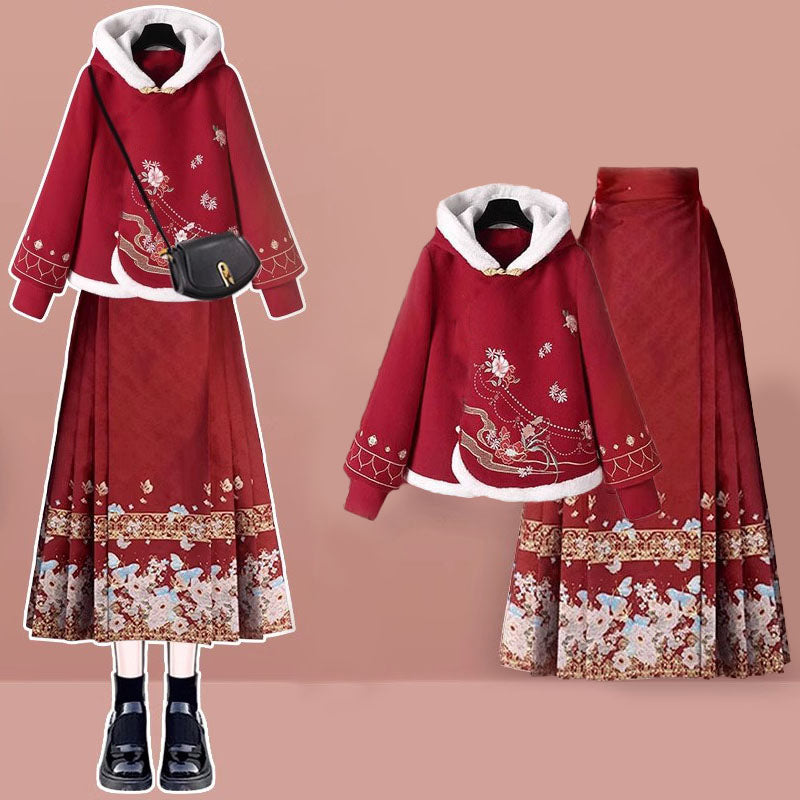 Red Flower Embroideried Hoodie High Waist Pleated Skirt Modakawa