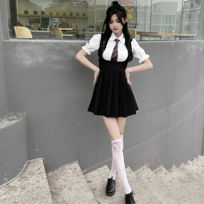 Kawaii Puff Sleeve T-Shirt Tie Pleated Suspender Skirt Set Modakawa