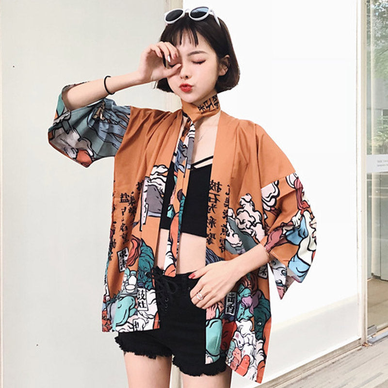 Cartoon Fire Print Casual Vintage Kimono Outerwear Modakawa