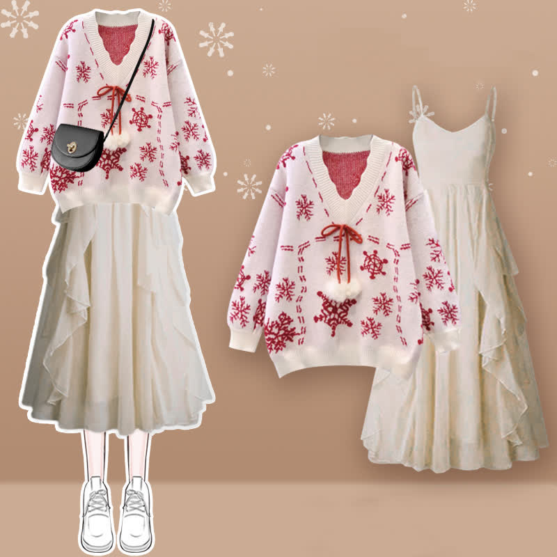 Snowflake Print Fuzzy Ball Sweater Flouncing Slip Dress modakawa