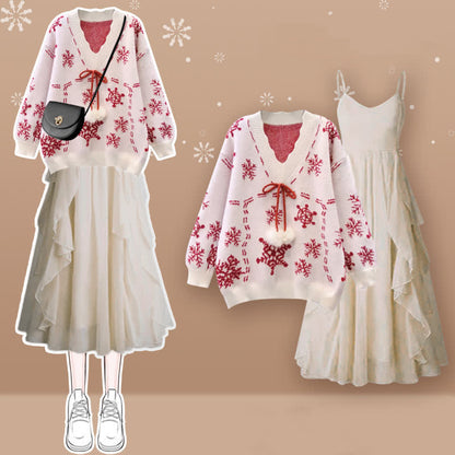 Snowflake Print Fuzzy Ball Sweater Flouncing Slip Dress modakawa