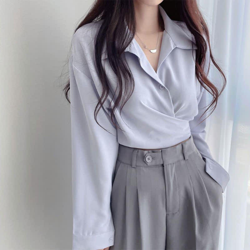 Chic Pure Color Lapel Crop Shirt modakawa