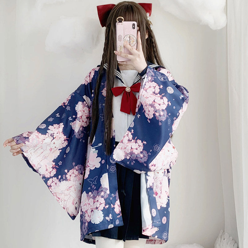 Cat Sakura Print Loose Cardigan Kimono Outerwear modakawa