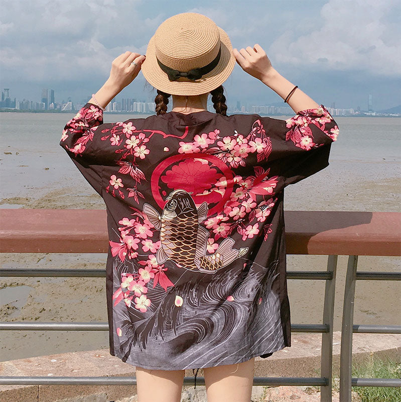 Black Fish Floral Kimono Outerwear Sun Protective modakawa