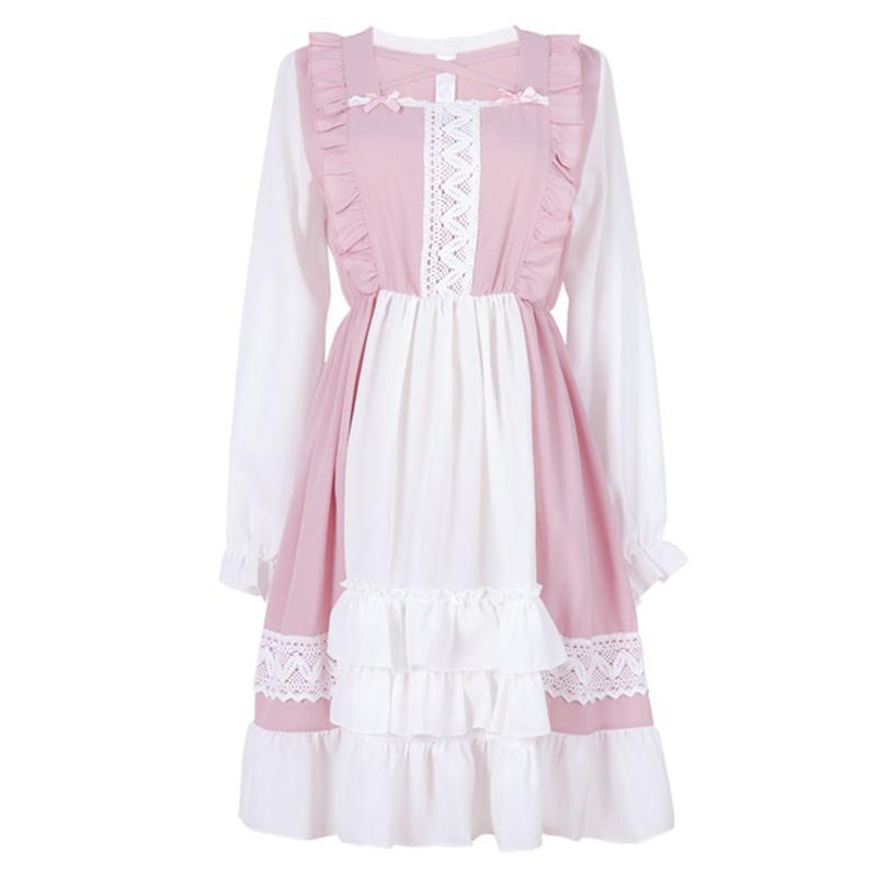 Sweet Pink Ruffle Hem Stitching Dress Modakawa