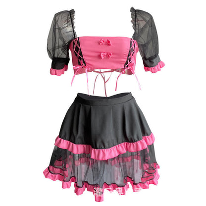 Sexy Pink Maid Tulle Lace Up Lingerie Set modakawa