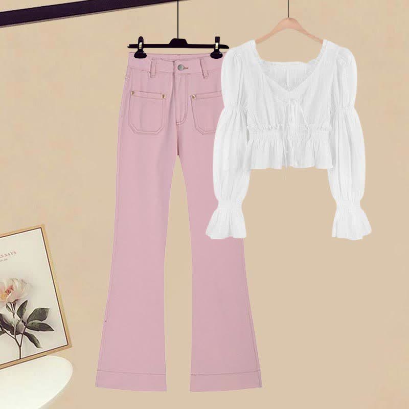 Puff Sleeve Shirt Flared Pink Denim Pants Set modakawa