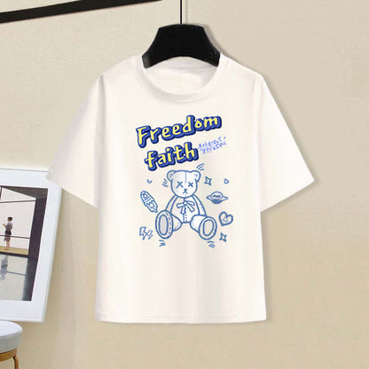 Round Collar Bear Print Casual T-Shirt Lattice Blue Pants modakawa