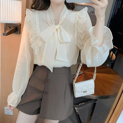 Elegant Bowknot Flouncing Chiffon Shirt modakawa