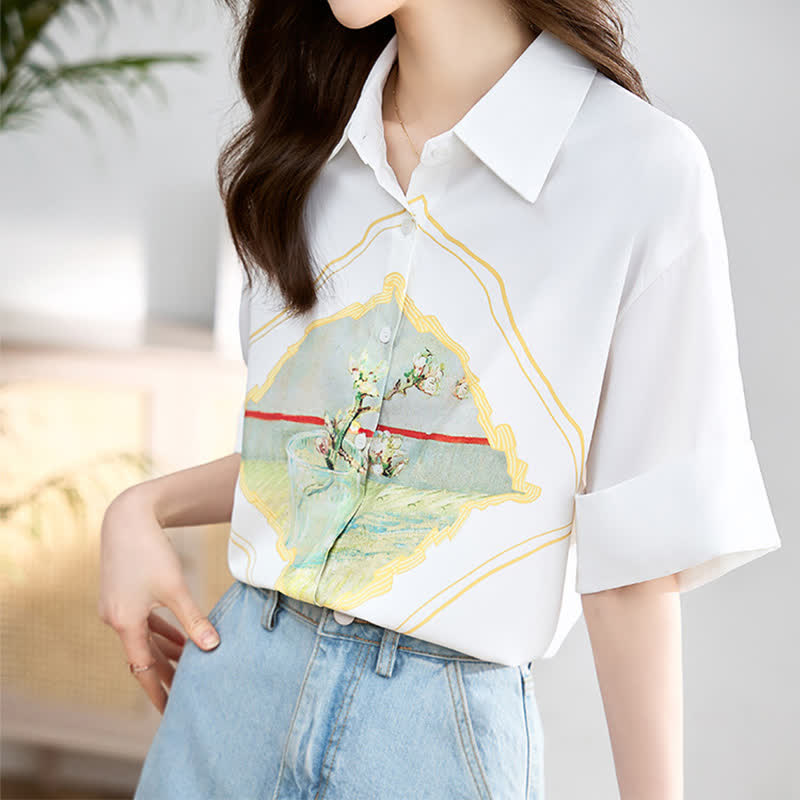 Painting Print Short Sleeve Chiffon Lapel Shirt modakawa