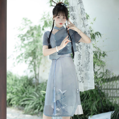 Vintage Crane Print Irregular T-Shirt Skirt 6217900000